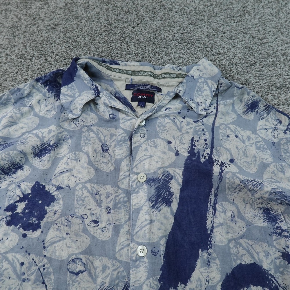 VTG Tommy Hilfiger Shirt Mens L Blue Floral Hawaiian Camp Button Up 00s Y2K Top